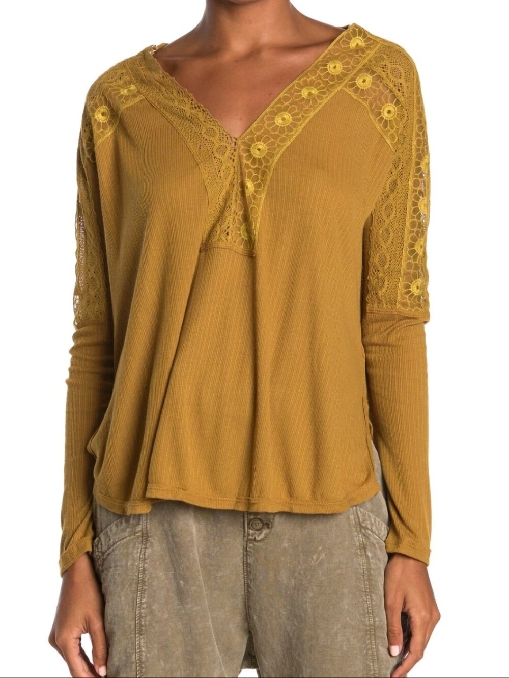 Free People Lola Lace Trim V-Neck Top Alchemy Size Small